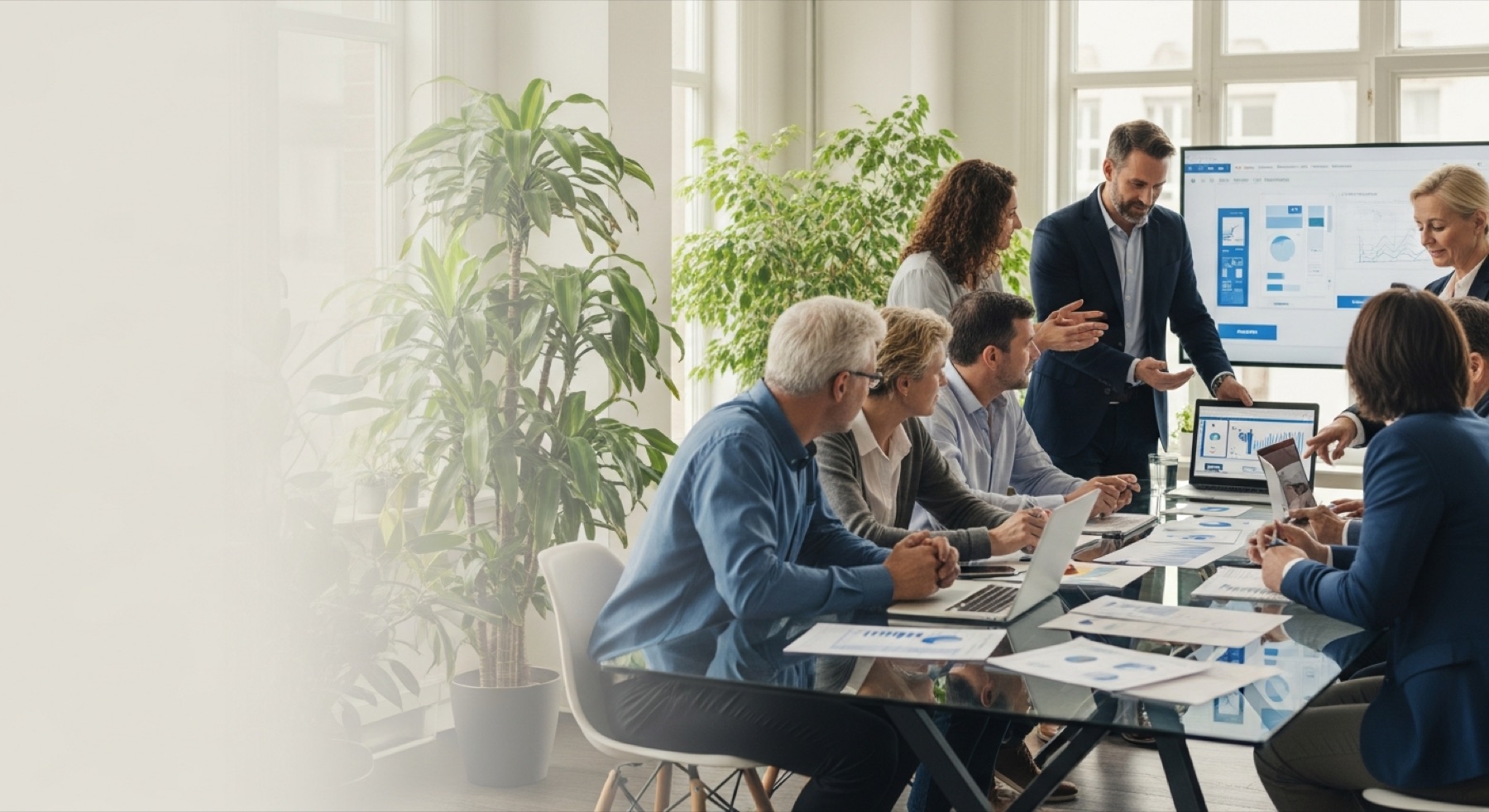 An enterprise team collaborating around a data dashboard