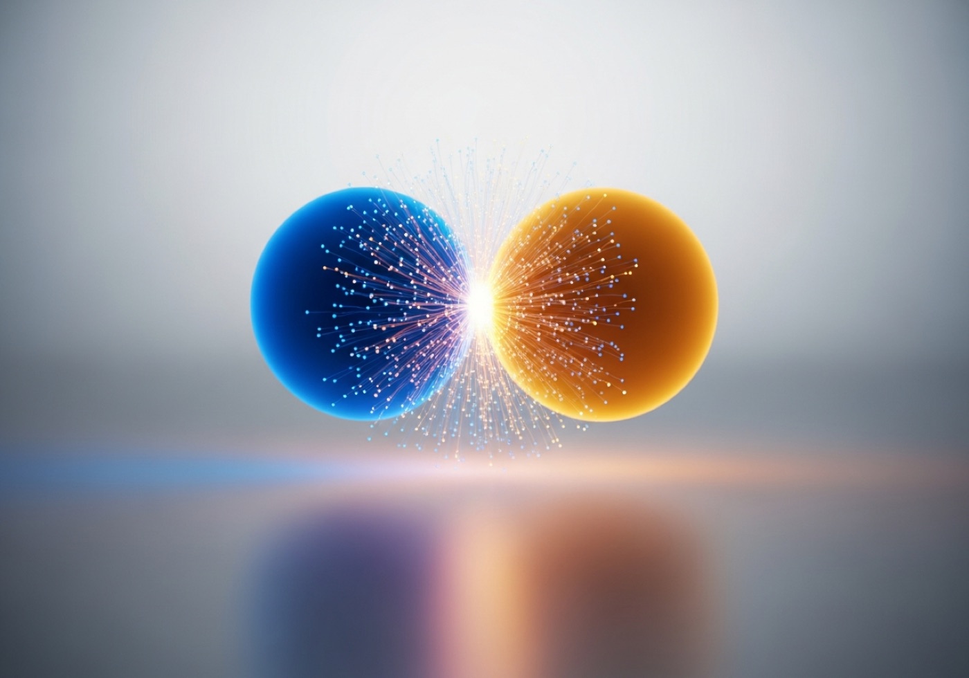 Abstract visual of two spheres of light merging into one, representing partnership