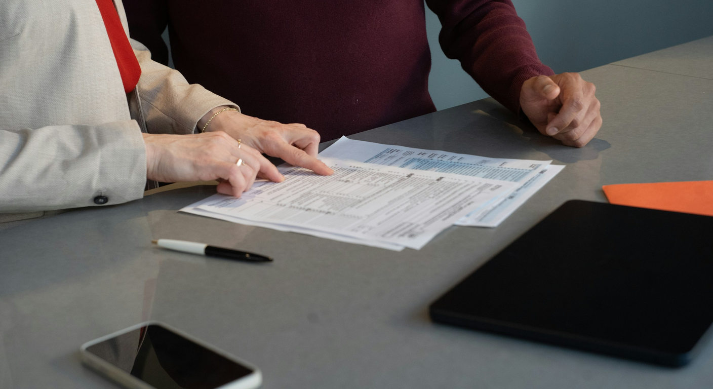 Hands reviewing printed forms beside a tablet and pen.